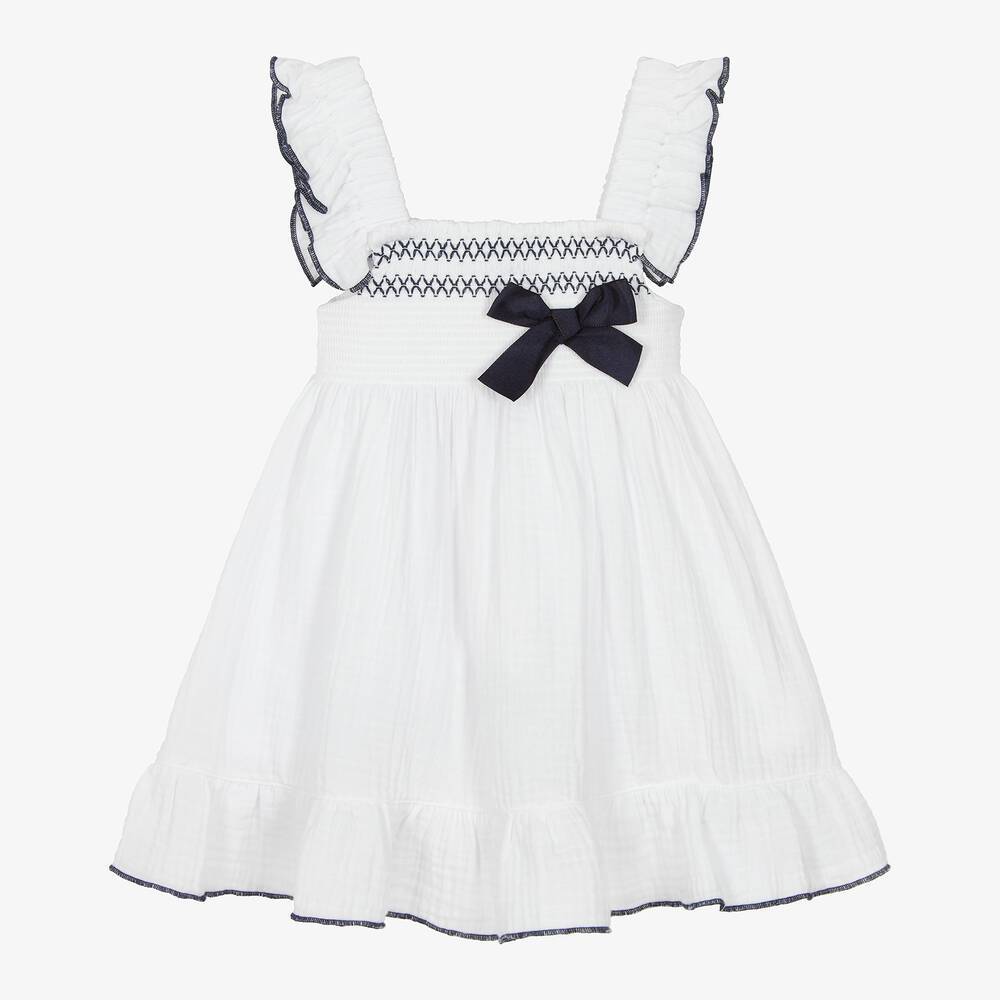 Babidu - Girls White Cotton Shirred Dress | Childrensalon