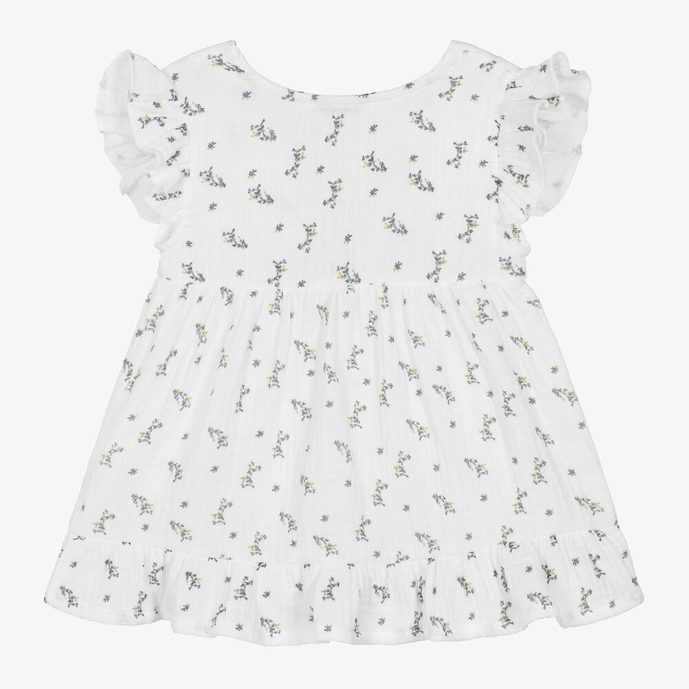 Babidu - Girls White Floral Cotton Dress | Childrensalon