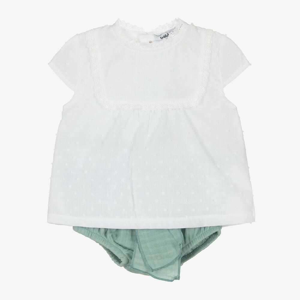 Babidu - Girls White & Green Cotton Shorts Set | Childrensalon