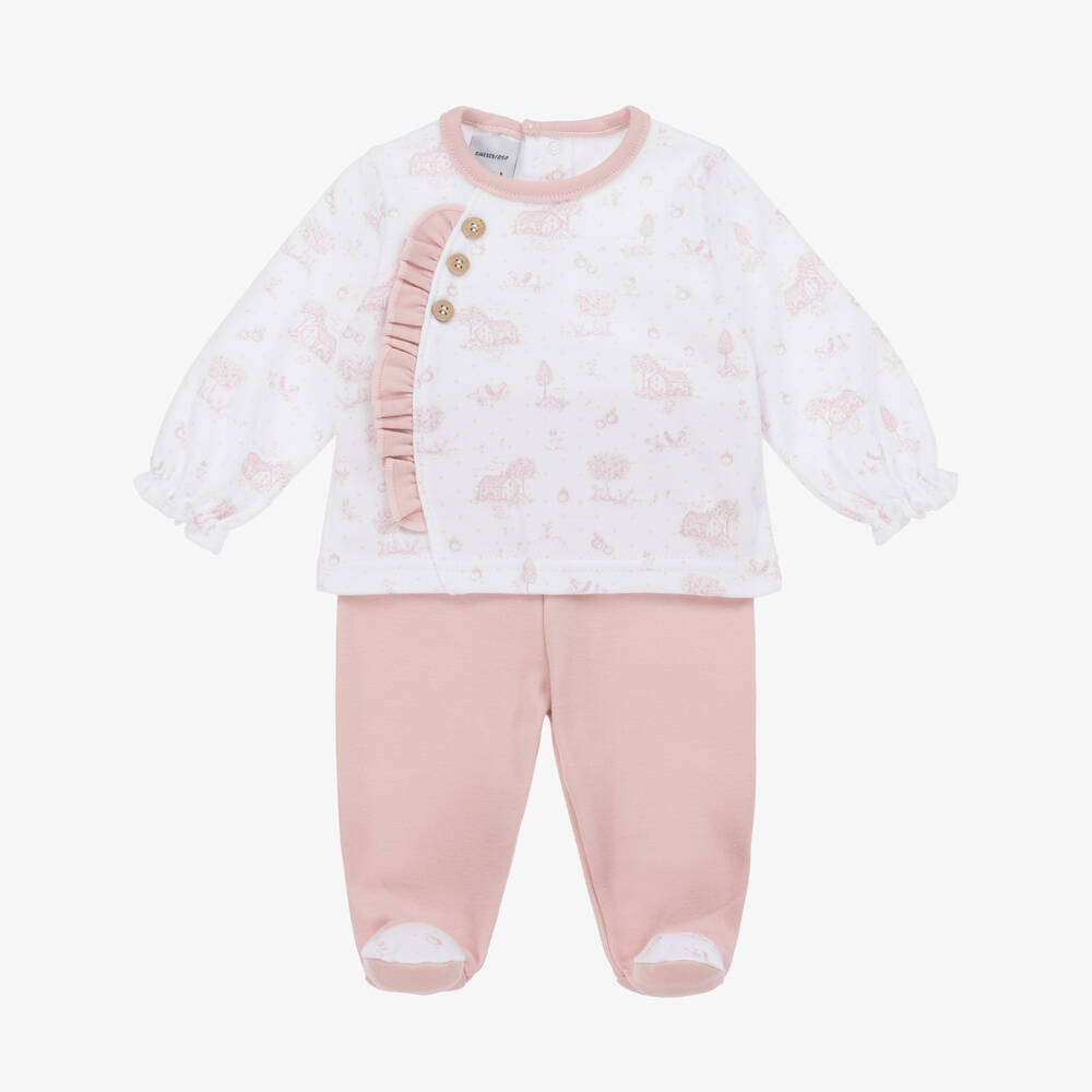 Babidu - Girls White & Pink Cotton 2 Piece Babygrow | Childrensalon