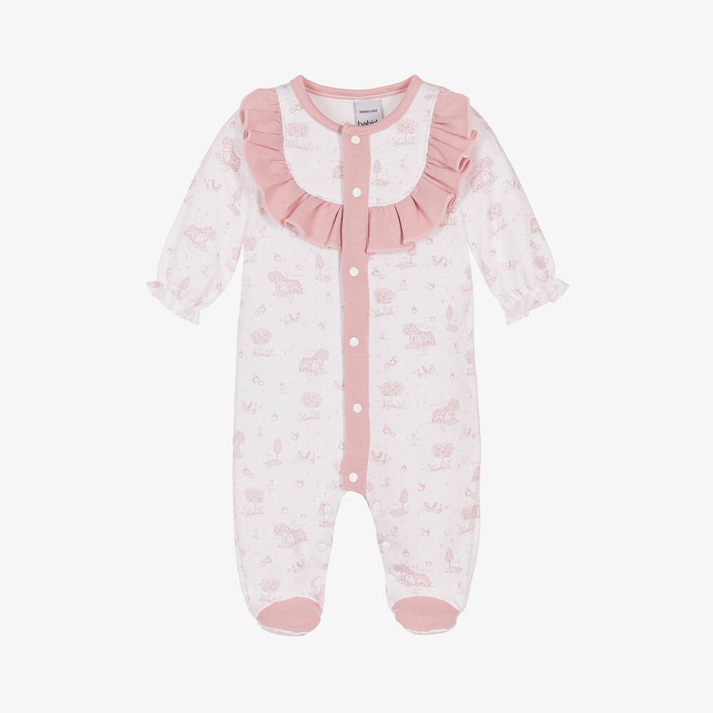 Babidu - Girls White & Pink Cotton Babygrow | Childrensalon