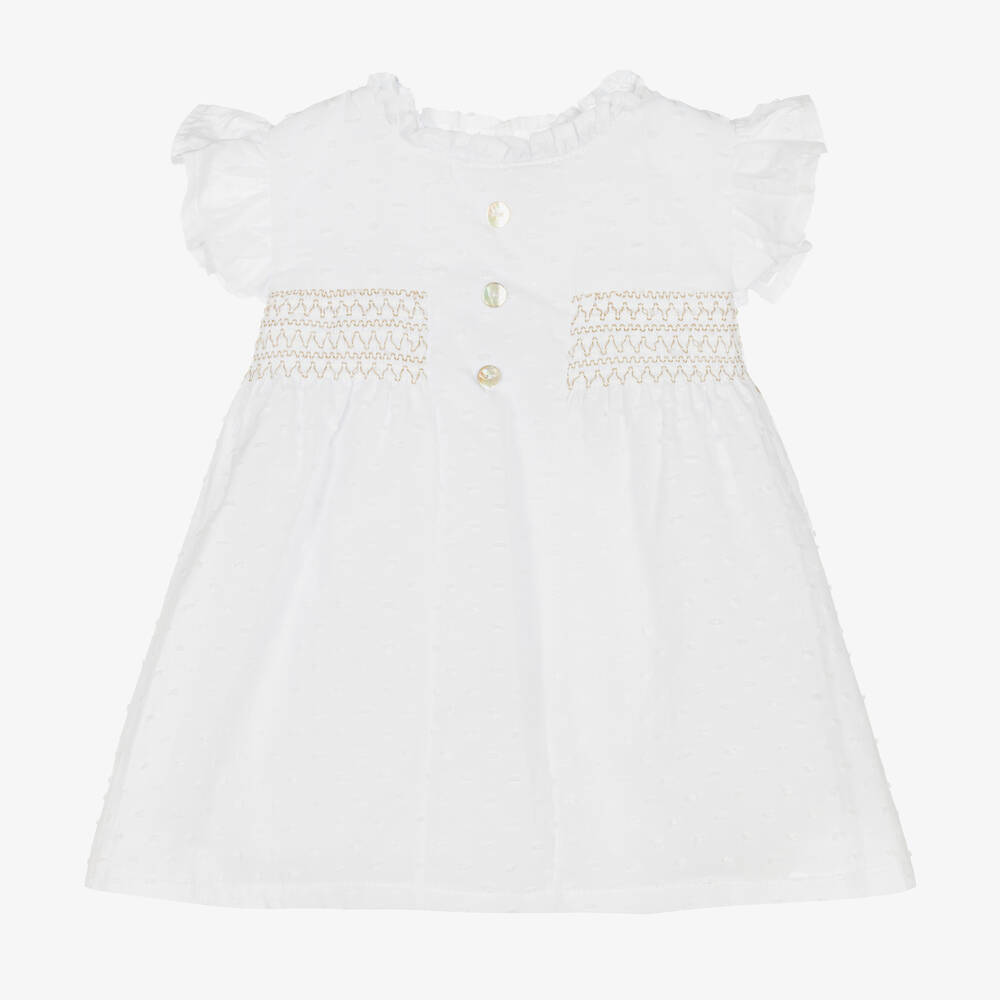 Babidu Babies' Girls White Plumeti Cotton Dress