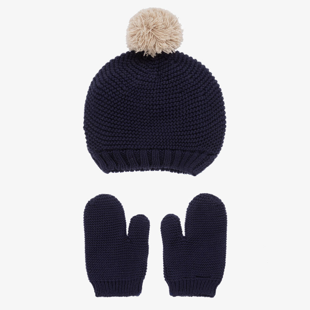 Babidu - Navy Blue Cotton Knit Hat & Mittens Set | Childrensalon