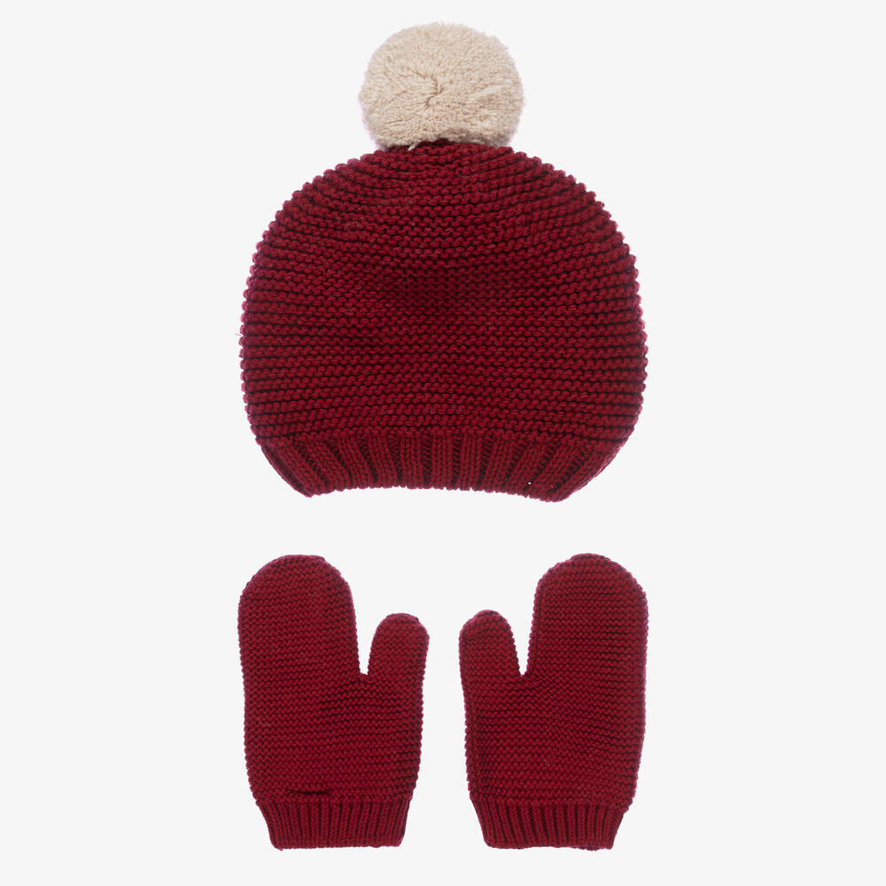 Babidu - Red Cotton Knit Hat & Mittens Set | Childrensalon