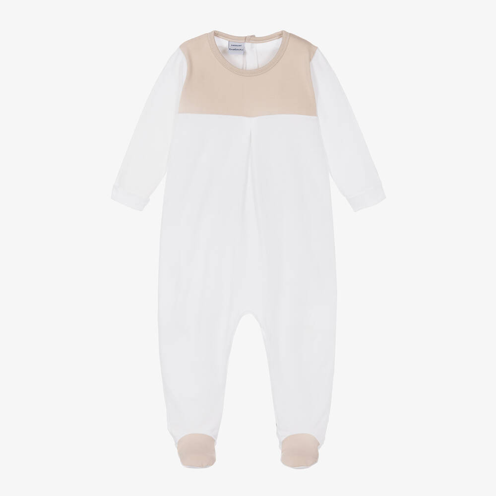 Babidu - White & Beige Cotton Babygrow | Childrensalon