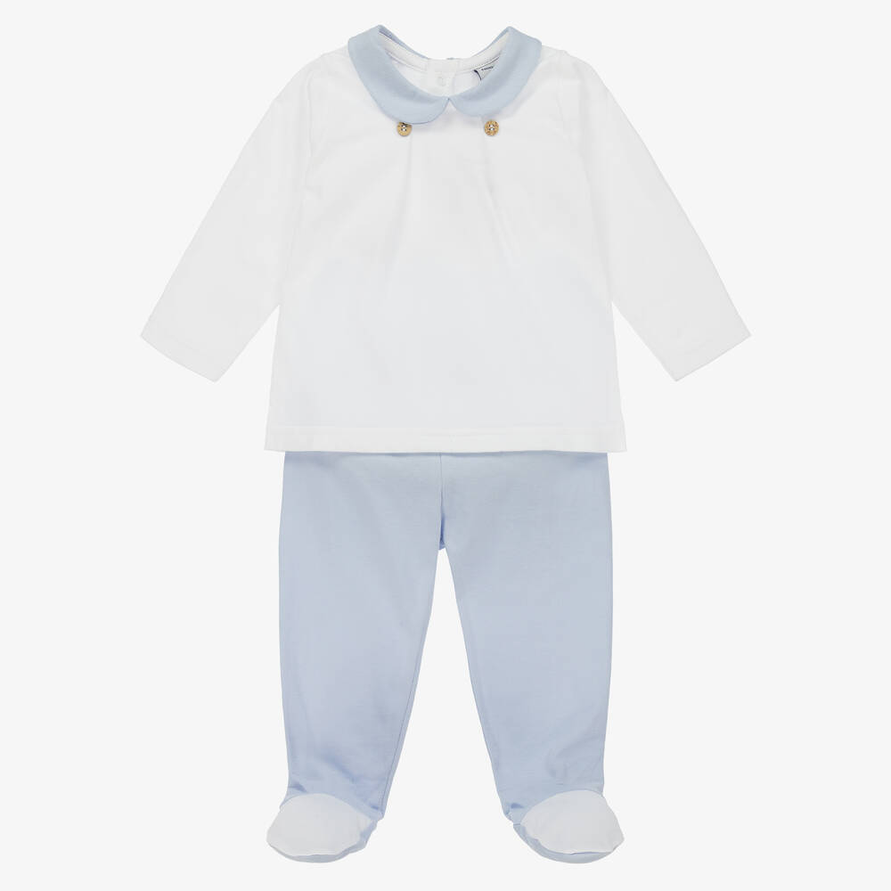 Babidu - White & Blue Cotton 2 Piece Babygrow | Childrensalon