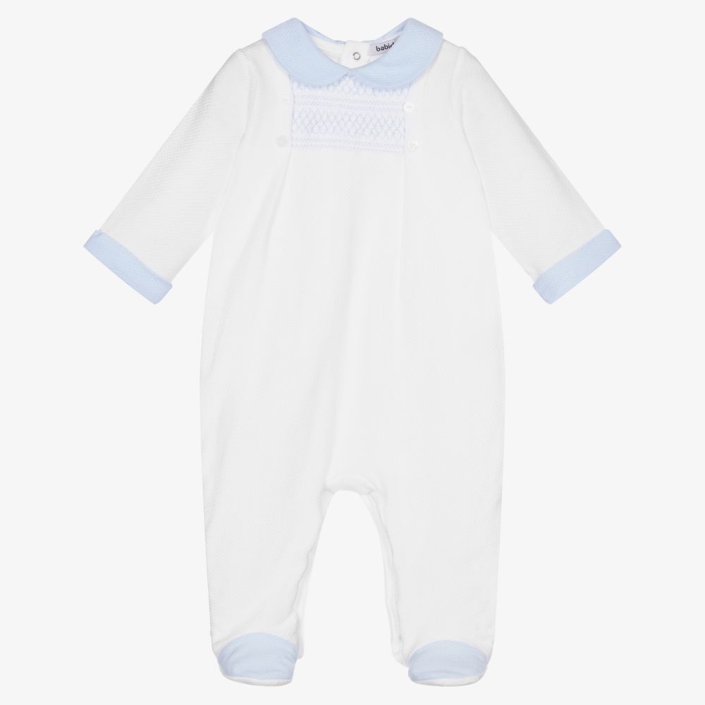 Babidu - White & Blue Smocked Babygrow | Childrensalon