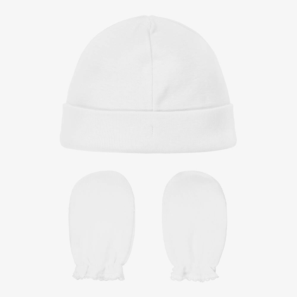 Babidu -  قبعة مع قفازات قطن لون أبيض  | Childrensalon