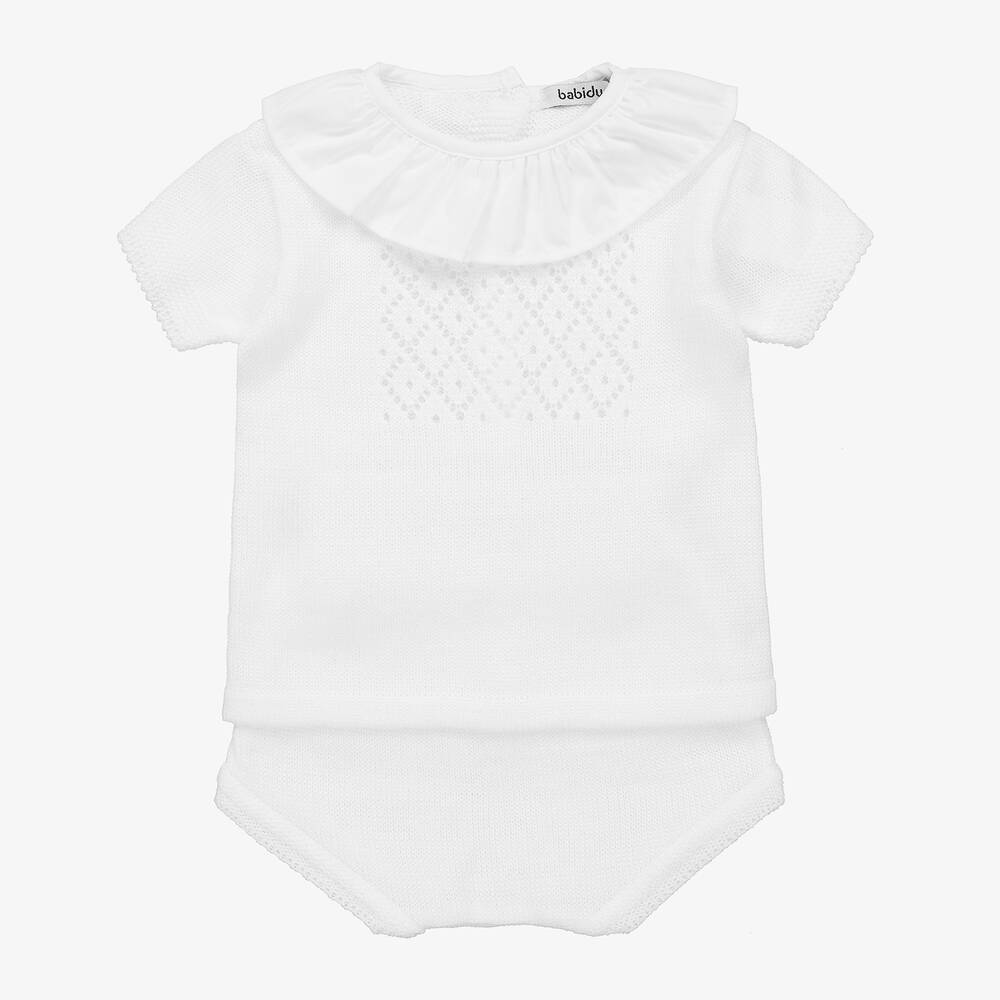 Babidu - White Knitted Baby Shorts Set | Childrensalon