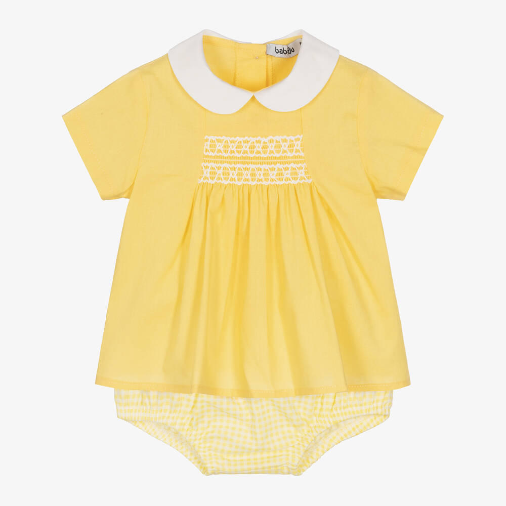 Babidu Babies' Yellow Cotton Smocked Shorts Set