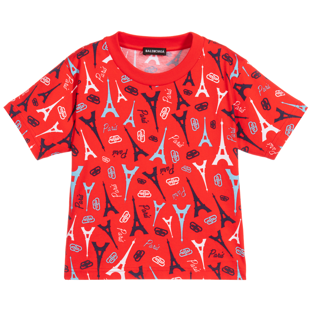 Balenciaga Kids' Red Cotton Paris Logo T-shirt