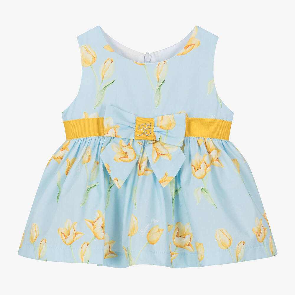 Balloon Chic Baby Girls Blue Cotton Floral Dress