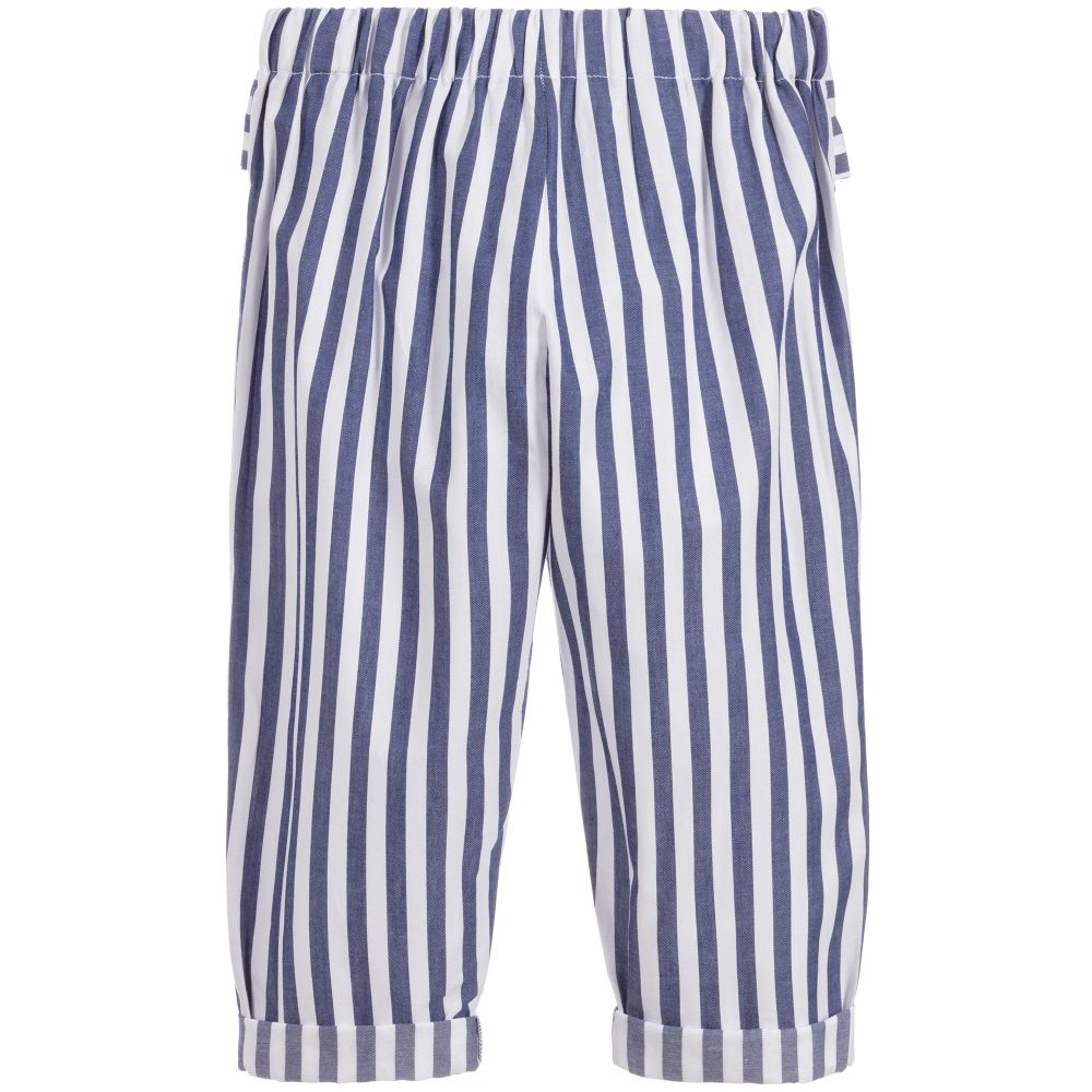 blue and white striped trousers