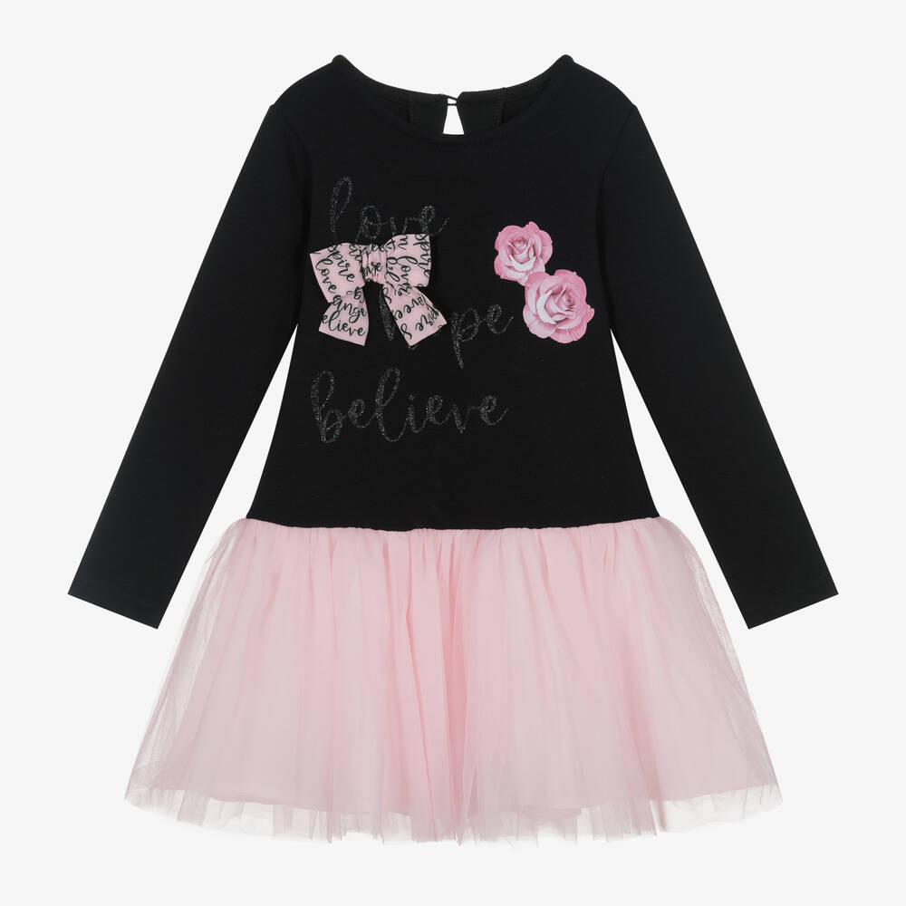 Balloon Chic - Girls Black Jersey & Pink Tulle Dress | Childrensalon