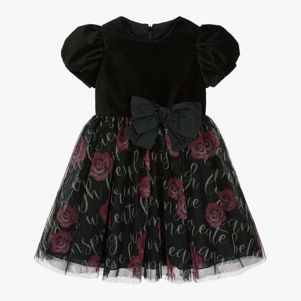 Balloon Chic - Girls Black Velvet & Tulle Rose Dress | Childrensalon