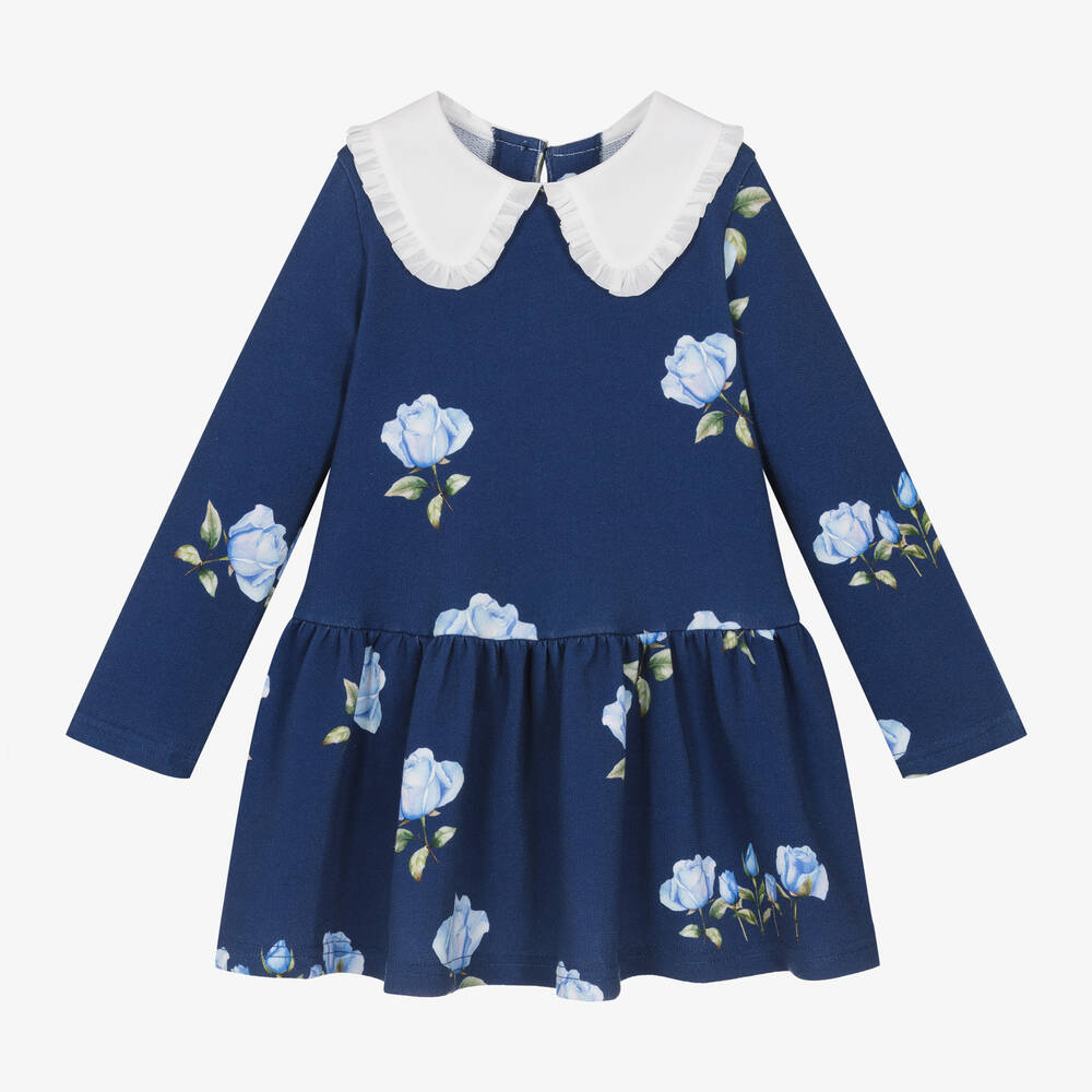 Balloon Chic - Girls Blue Cotton Jersey Rose Dress | Childrensalon