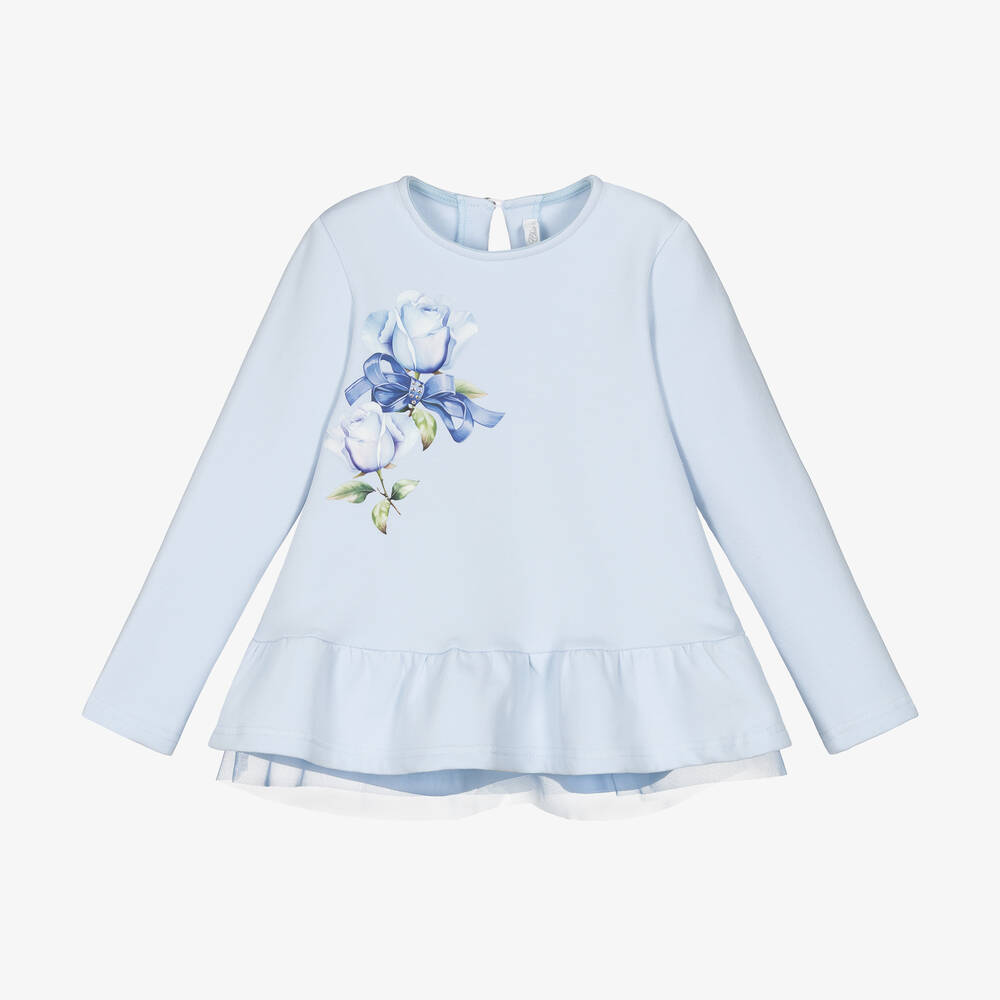 Balloon Chic - Girls Blue Cotton Jersey Top | Childrensalon