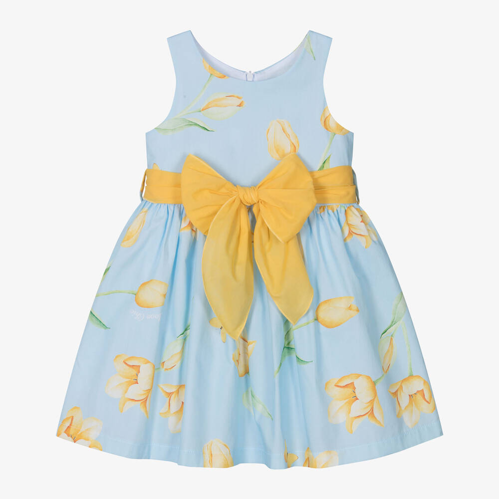Balloon Chic - Girls Blue Cotton Tulip Print Dress | Childrensalon