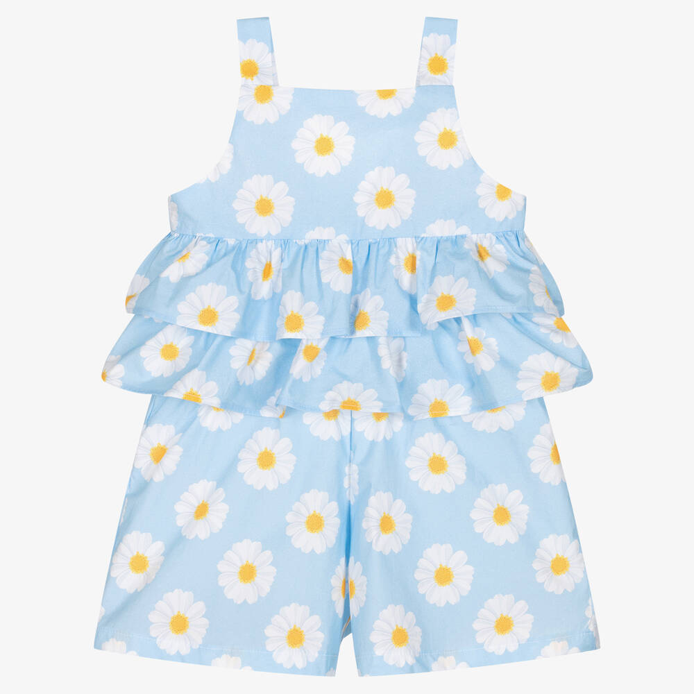 Balloon Chic Babies' Girls Blue Daisy Print Cotton Shorts Set