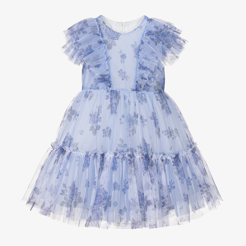 Balloon Chic - Girls Blue Floral Tulle Dress | Childrensalon