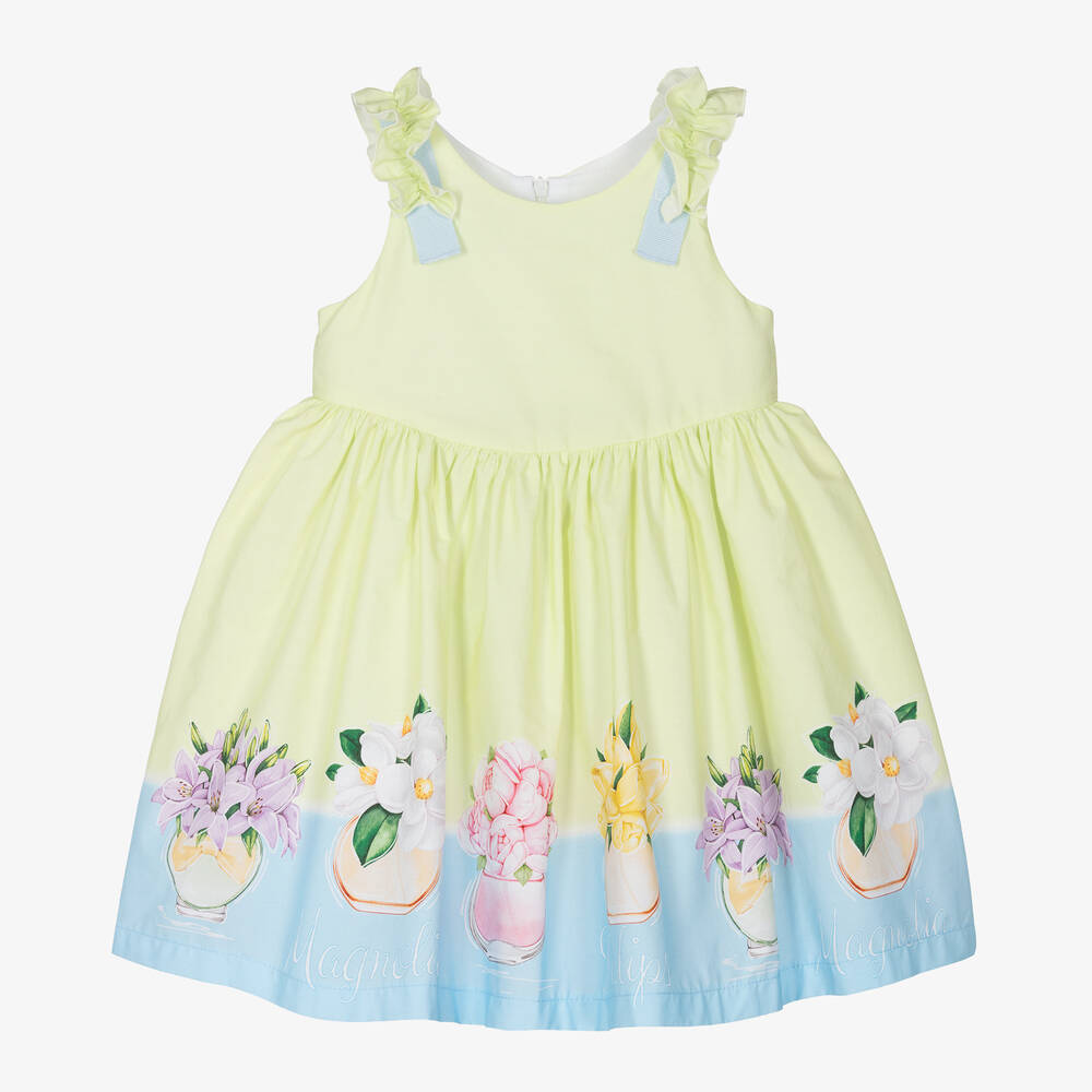 Balloon Chic - Girls Green Cotton Flower Print Dress | Childrensalon