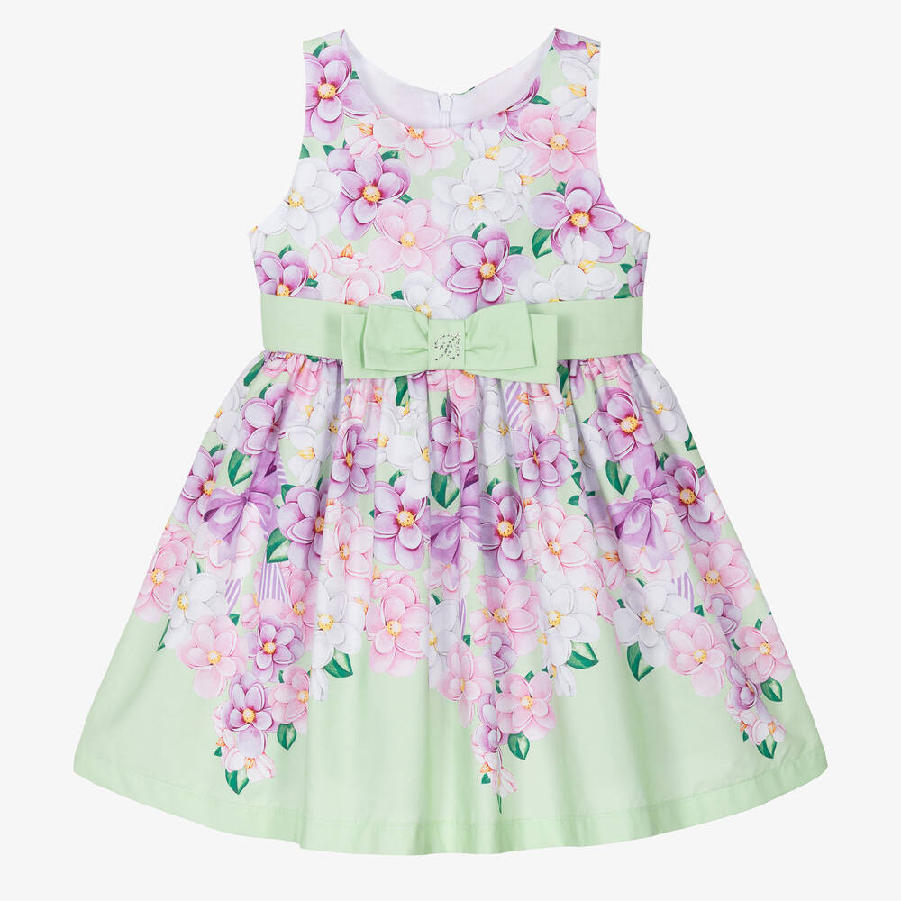 Balloon Chic - Girls Green Cotton Flower Print Dress | Childrensalon