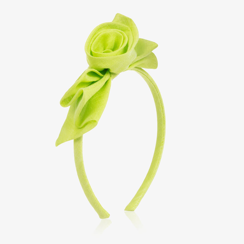 Balloon Chic - Girls Green Floral Bow Linen Hairband | Childrensalon