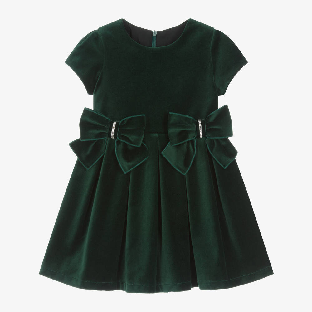 Balloon Chic - Girls Green Pleated Velvet Bow Dress | Childrensalon