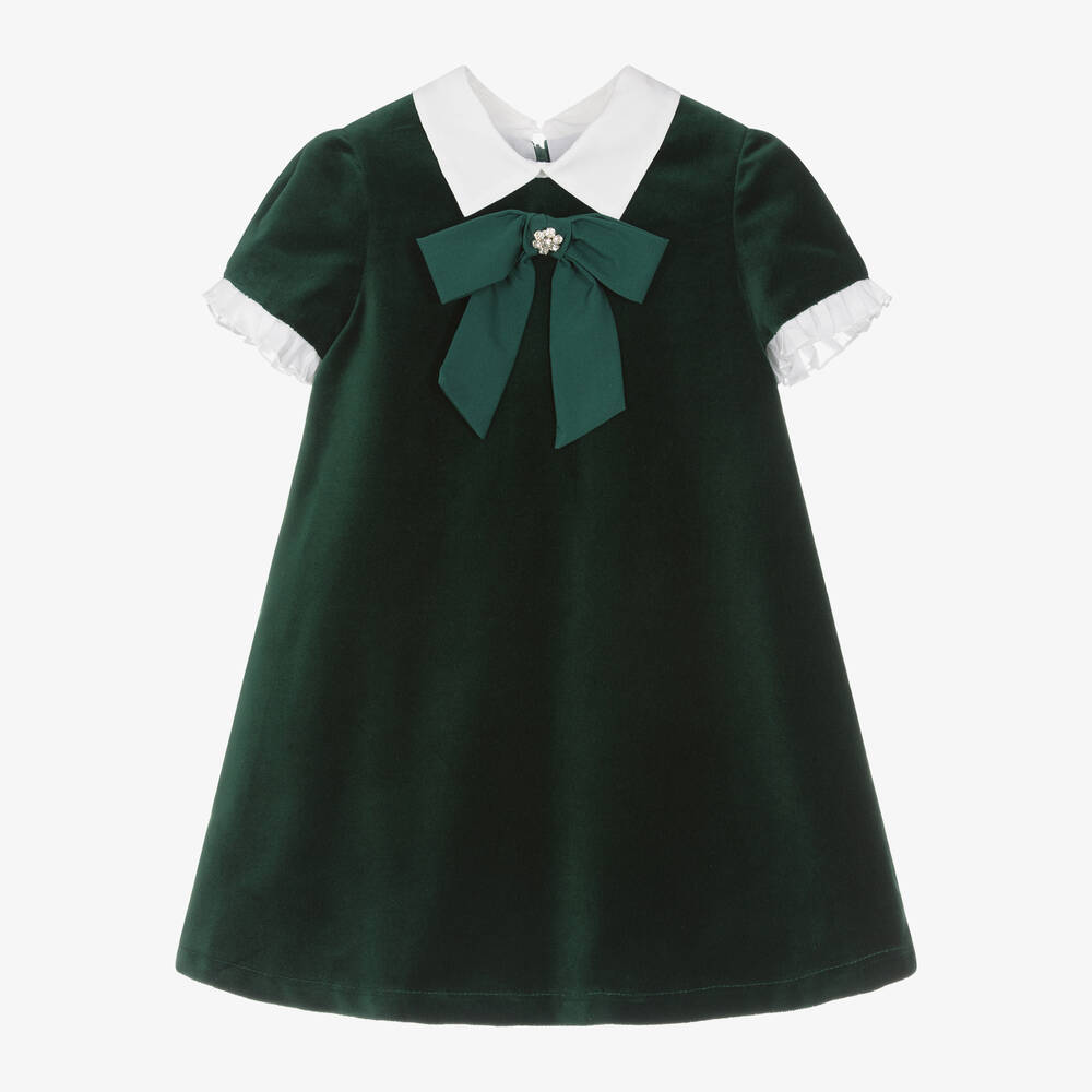 Balloon Chic - Girls Green Velvet Sparkle-Bow Dress | Childrensalon