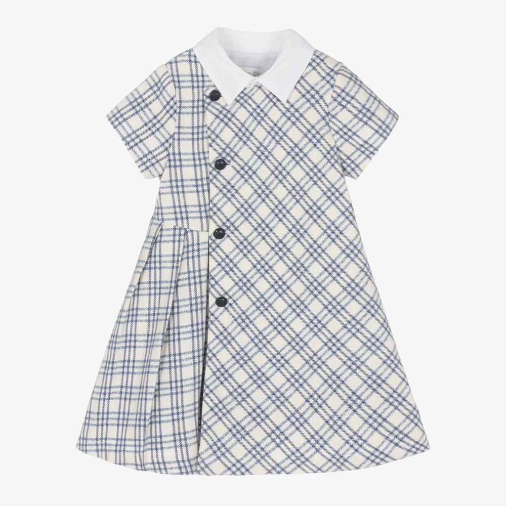 Balloon Chic - Girls Ivory & Blue Check Dress | Childrensalon