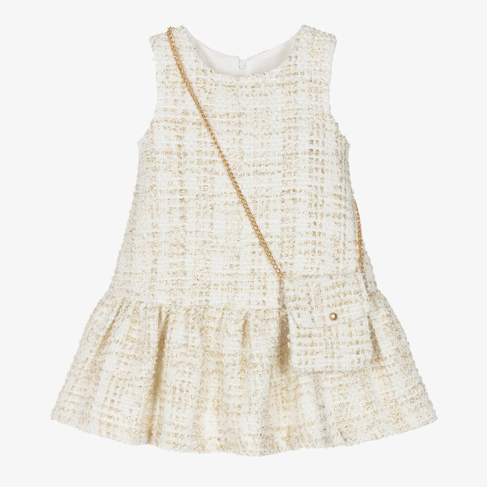 Balloon Chic - Girls Ivory & Gold Tweed Dress Set | Childrensalon