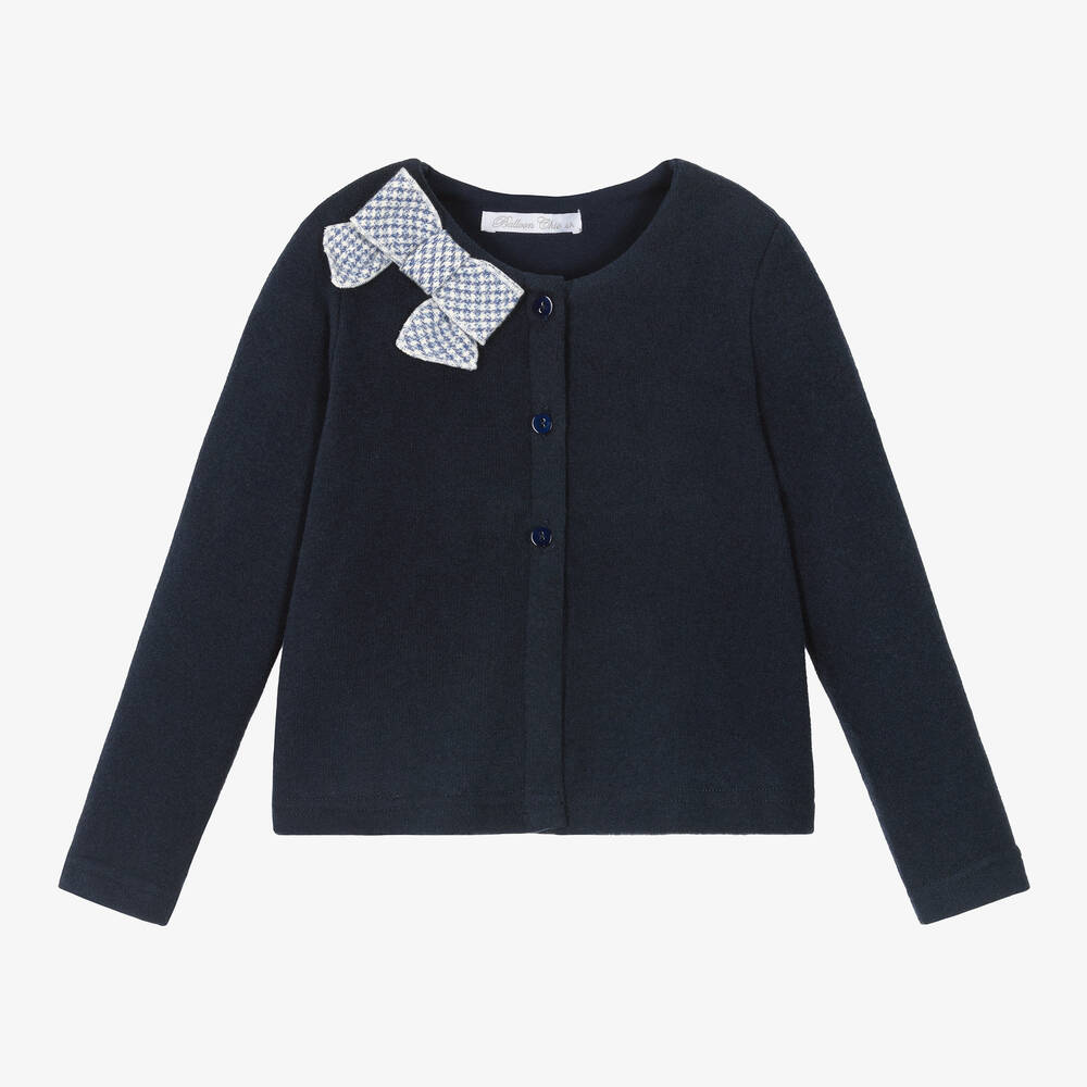 Balloon Chic - Girls Navy Blue Cotton Knit Bow Cardigan | Childrensalon