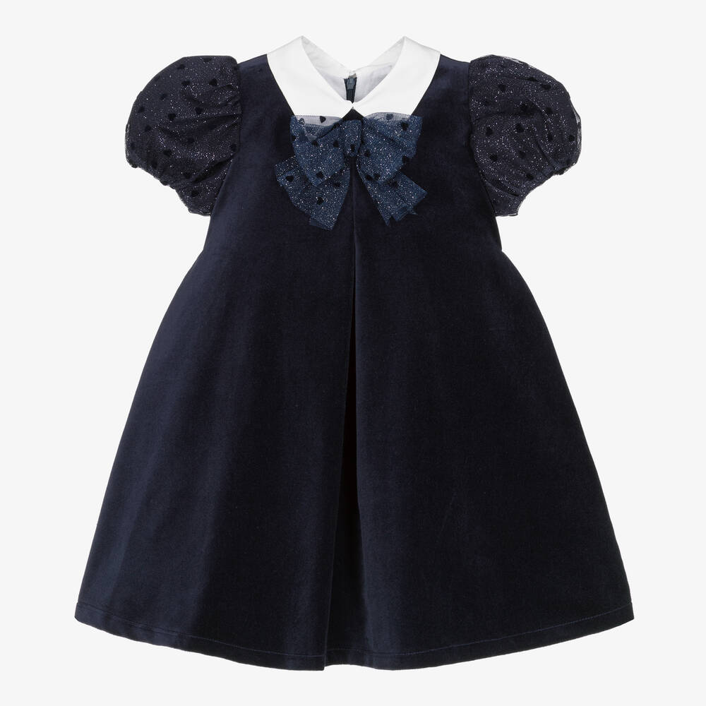 Balloon Chic - Girls Navy Blue Velvet & Tulle Bow Dress | Childrensalon