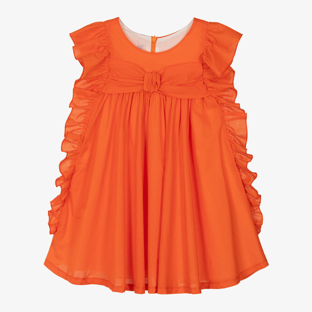 Balloon Chic - فستان قطن بوبلين مزين بكشكش لون برتقالي | Childrensalon