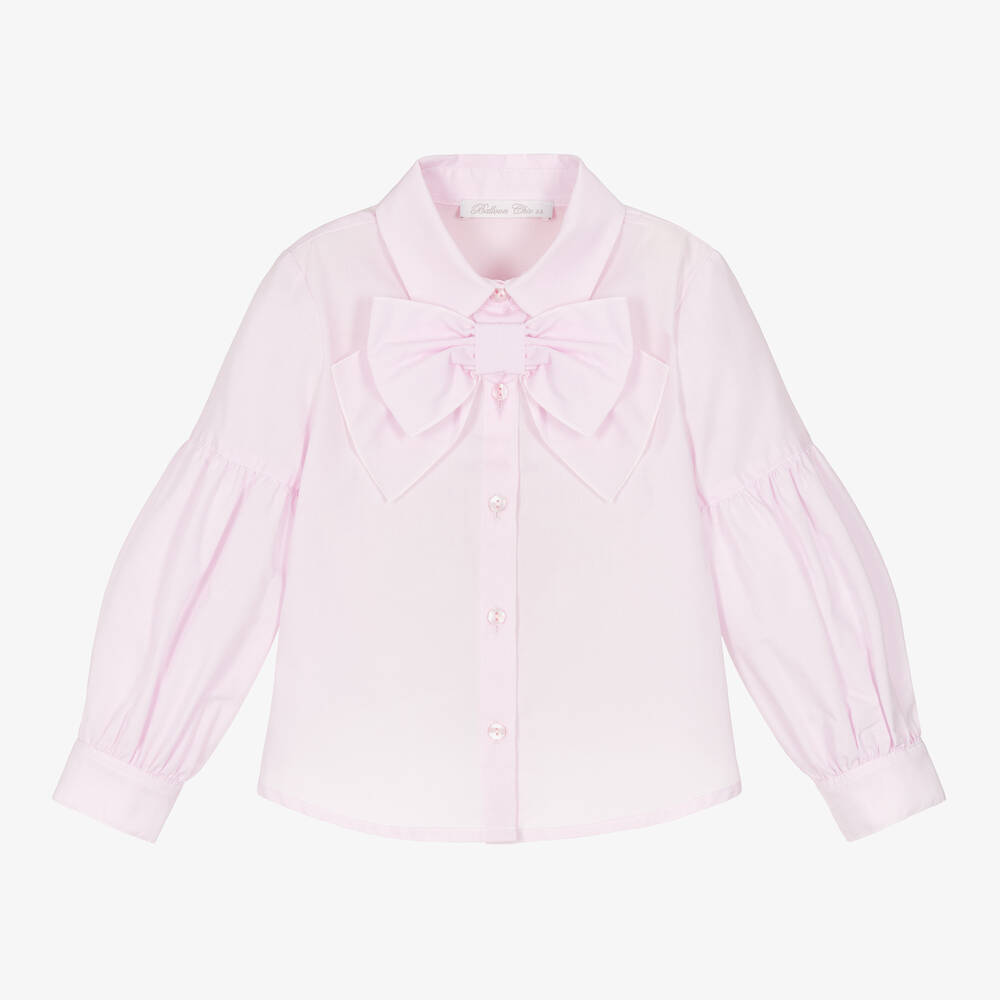 Balloon Chic - Girls Pink Cotton Bow Blouse | Childrensalon