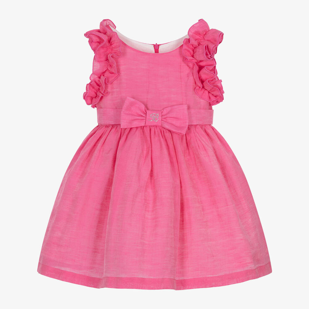 Balloon Chic - Girls Pink Linen Ruffle & Bow Dress | Childrensalon