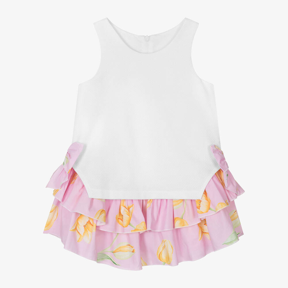 Balloon Chic - Бело-розовое платье из хлопка с рюшами для девочек | Childrensalon