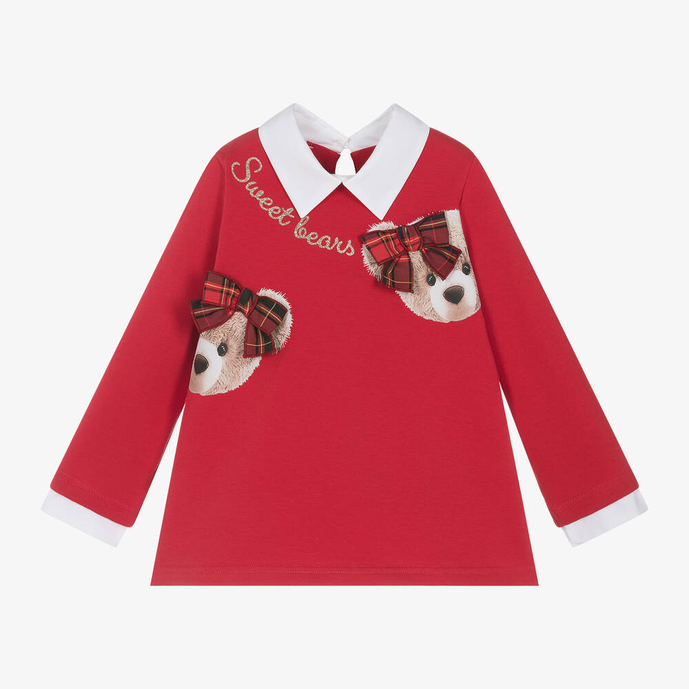 Balloon Chic - Girls Red Cotton Teddy Bear Top | Childrensalon