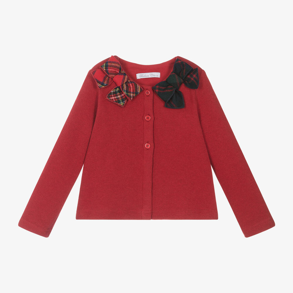 Balloon Chic - Girls Red Knitted Tartan Bow Cardigan | Childrensalon