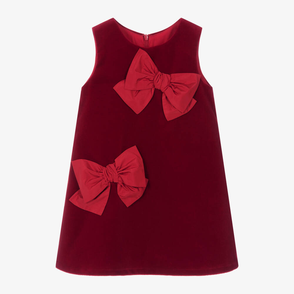 Balloon Chic - فستان  قطن مخمل لون أحمرمزين بفيونكة | Childrensalon