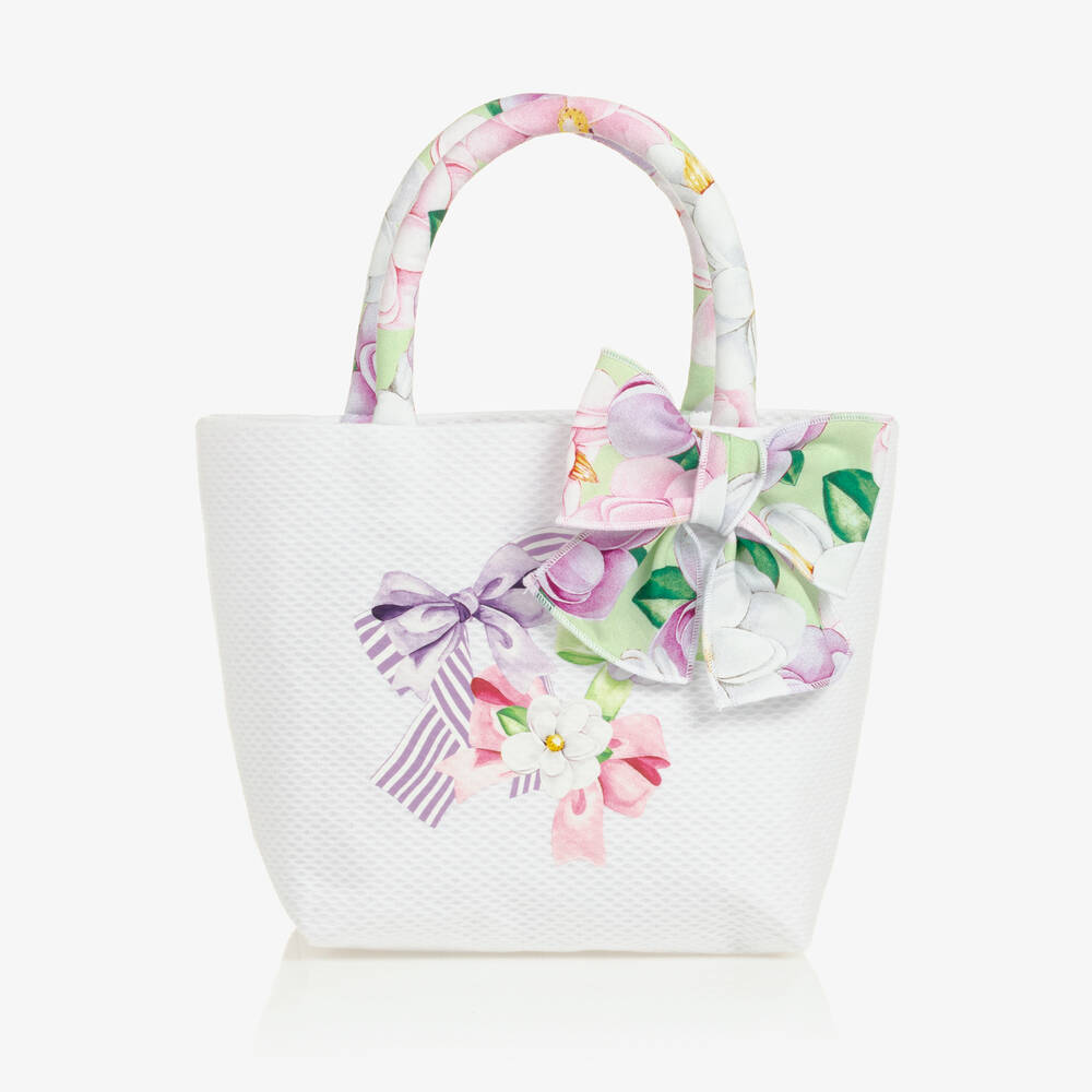 Balloon Chic - Girls White Bow Print Handbag (20cm) | Childrensalon
