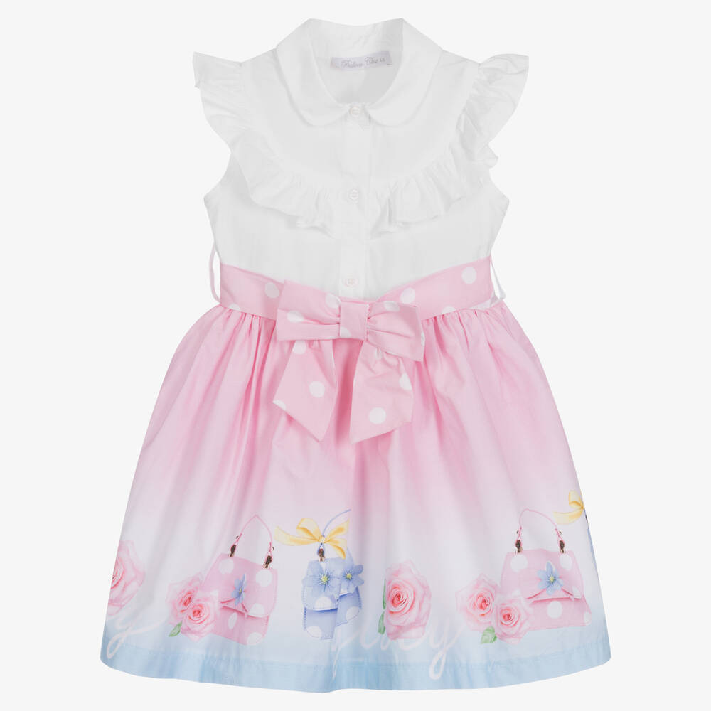 Balloon Chic Babies' Girls White & Pink Cotton Poplin Dress