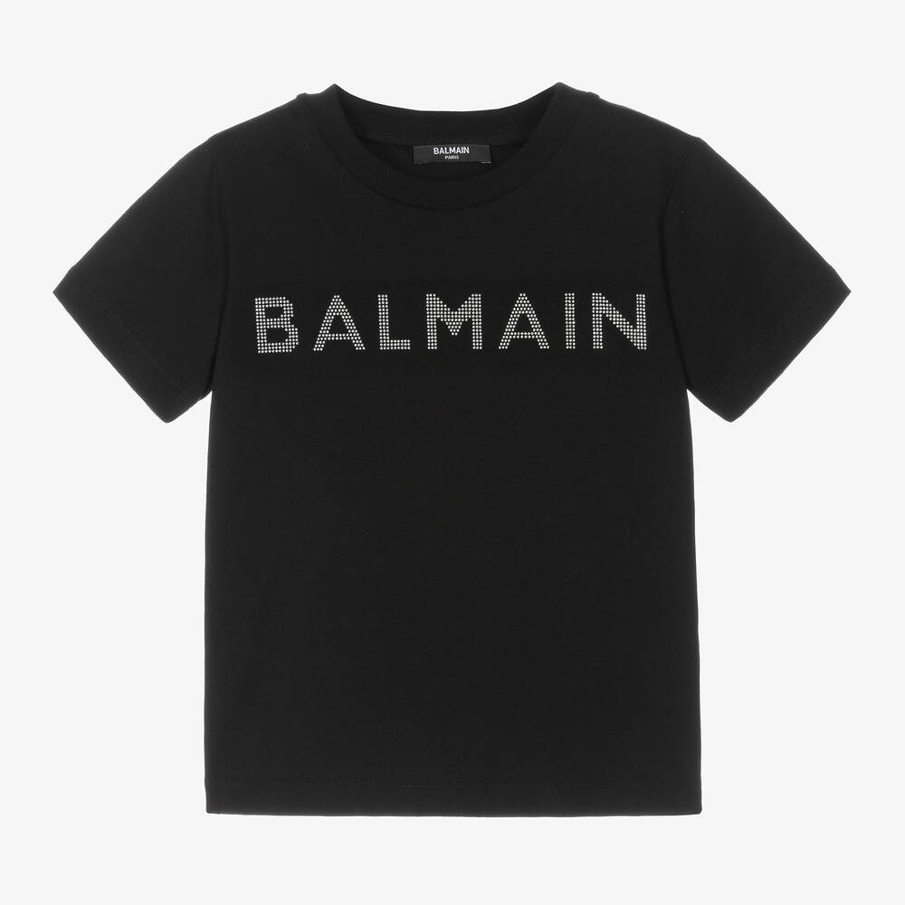 Balmain - Black Diamanté Cotton T-Shirt | Childrensalon