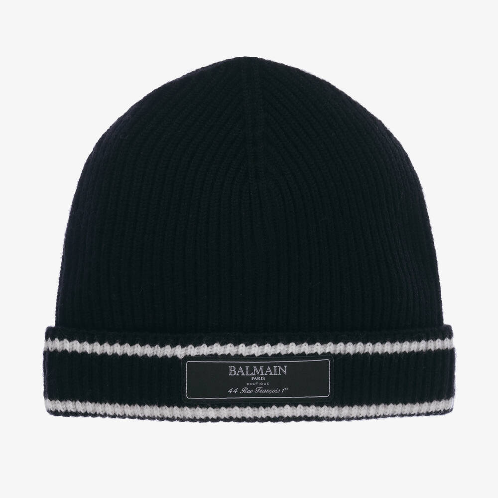 Balmain - Black Ribbed Wool Beanie Hat | Childrensalon