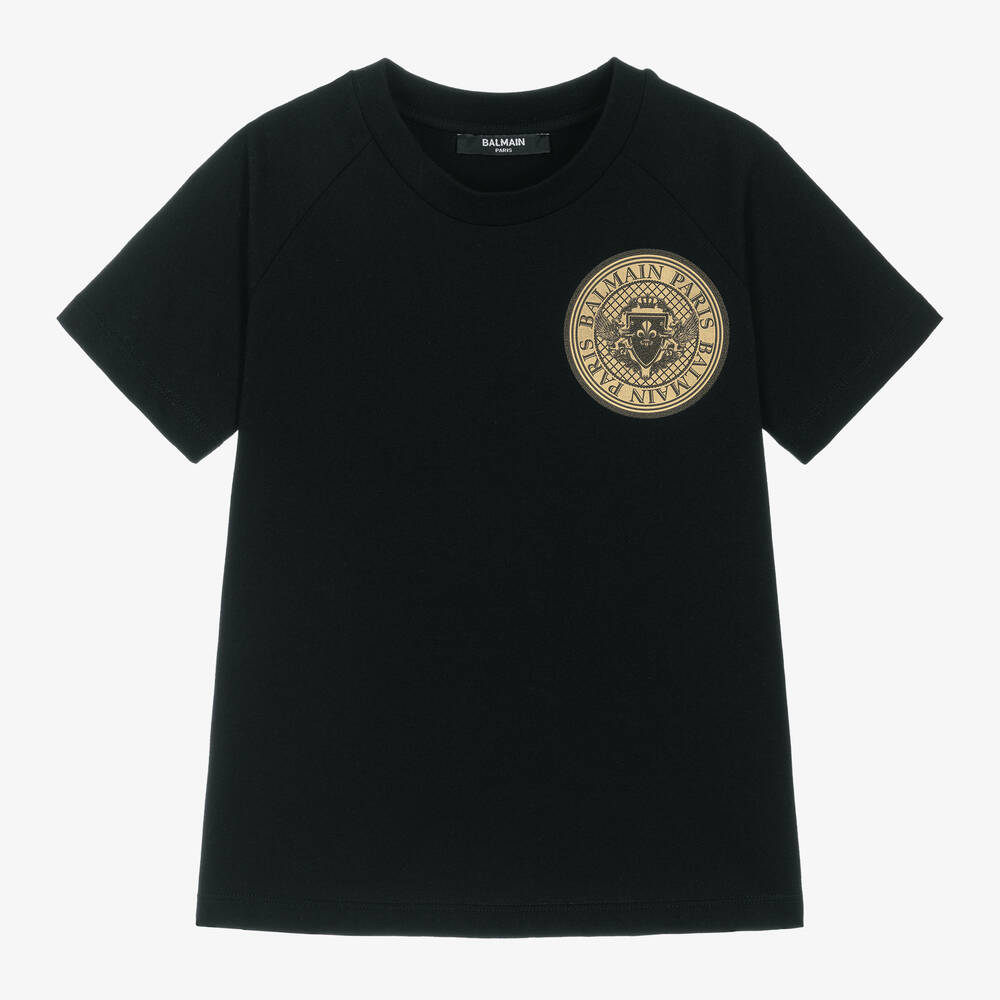 Balmain - Boys Black Cotton Coin Logo T-Shirt | Childrensalon