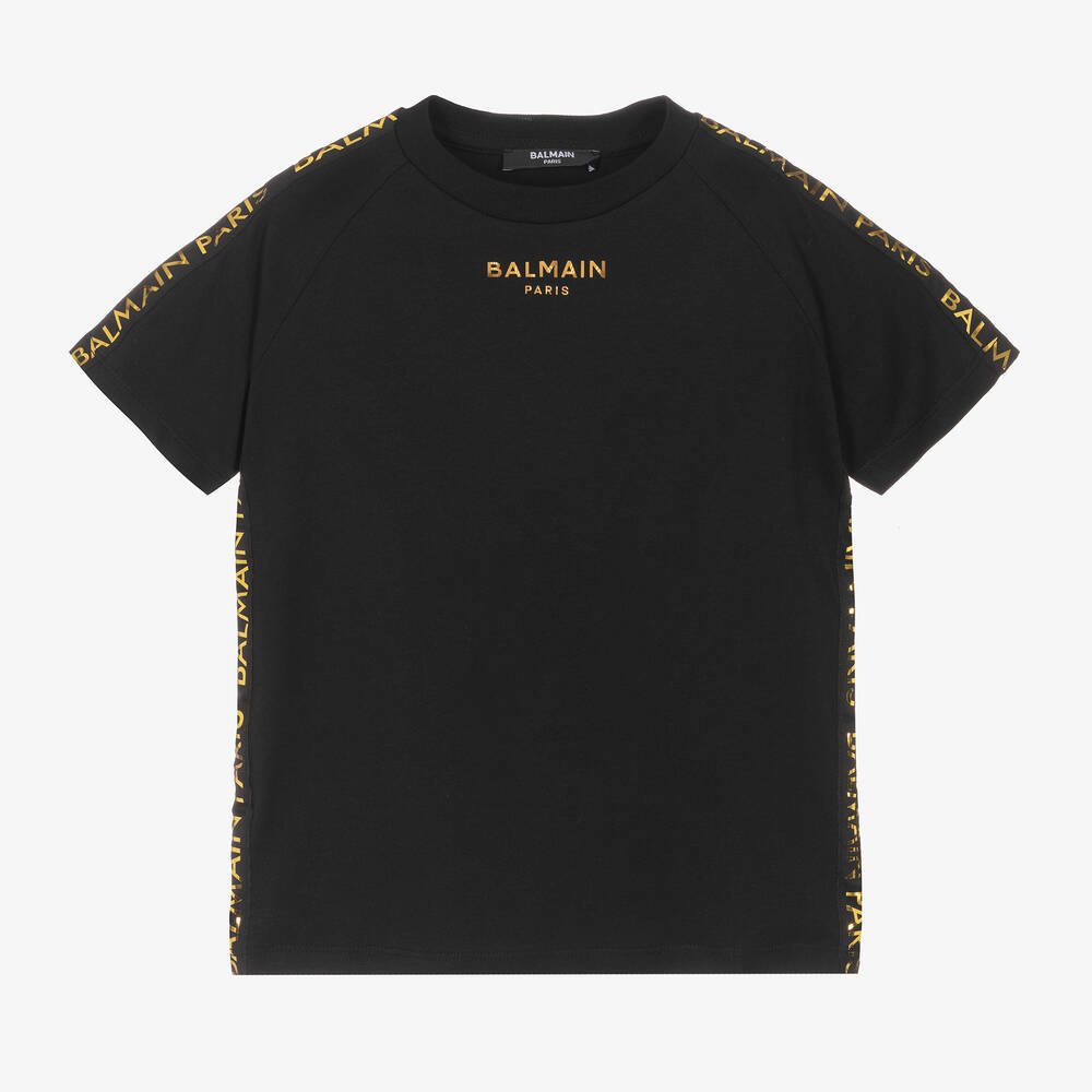 Balmain - Черная хлопковая футболка с золотистым декором для мальчиков | Childrensalon