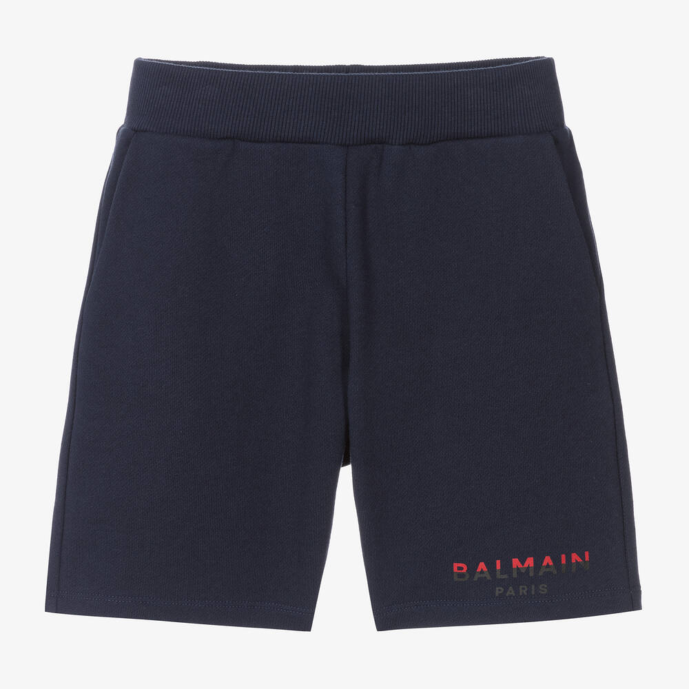 Balmain Kids' Logo Print Organic Cotton Sweat Shorts In Navy