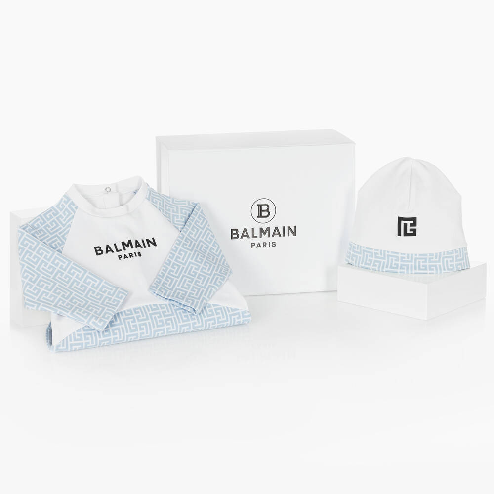 Balmain - طقم هدية بيبي غرو قطن لون أزرق وأبيض للمواليد | Childrensalon