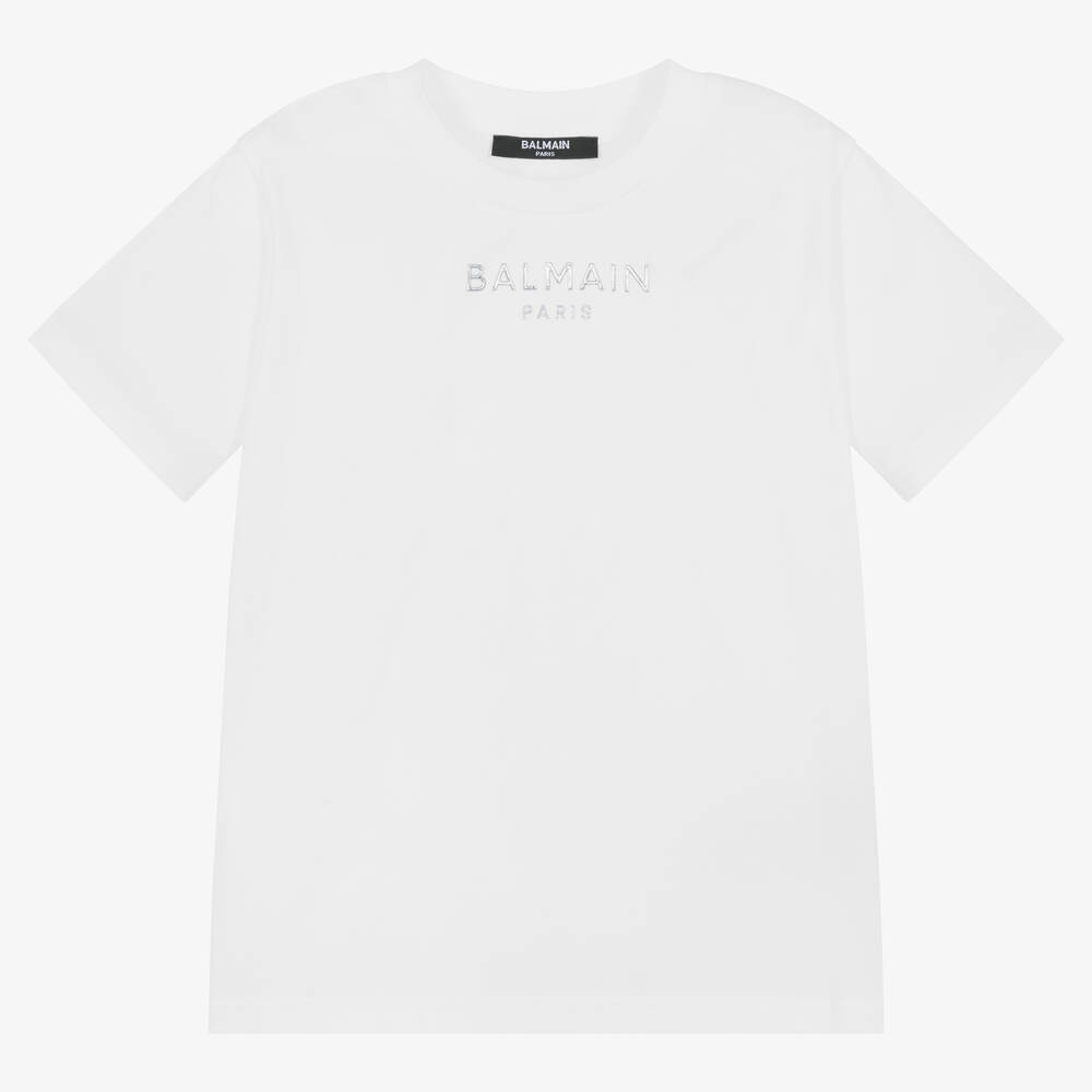 Balmain - Boys White & Silver Cotton T-Shirt | Childrensalon