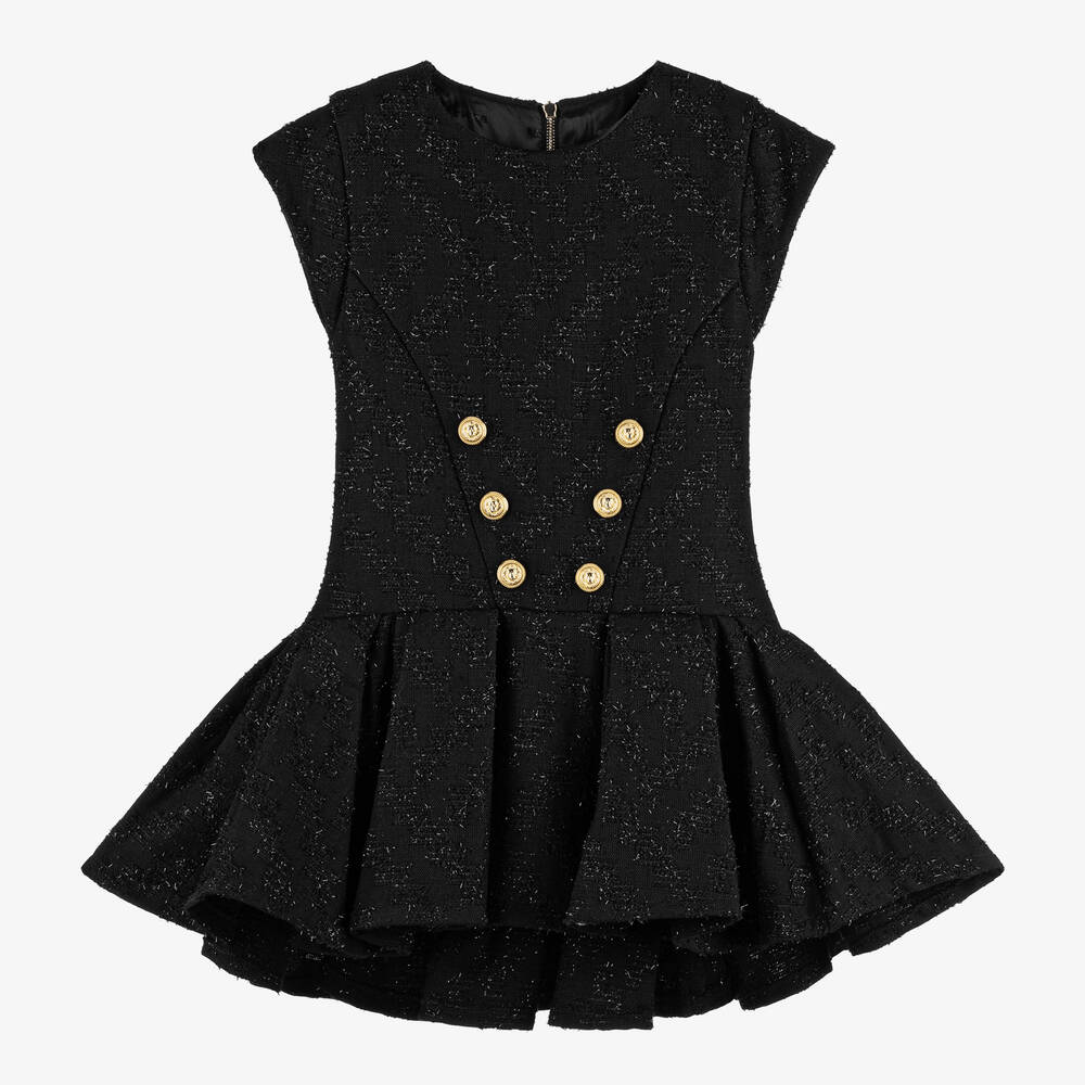 Balmain - Girls Black Asymmetrical Lurex Dress  | Childrensalon